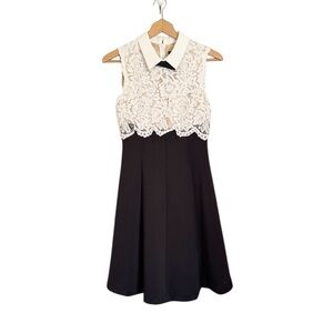 Rue Du Mail Lace White Black Bow Tie Preppy Sleeveless Dress size 2